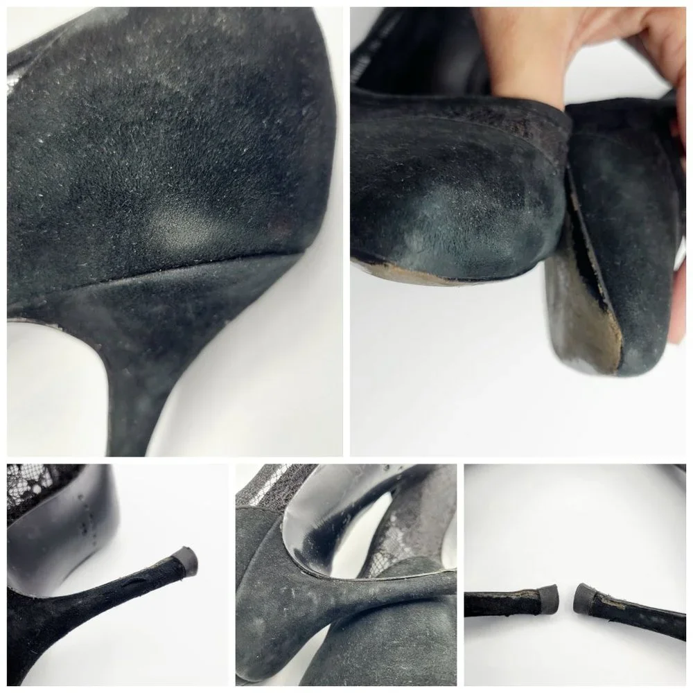 Sandro Black Lace Pointed Toe Heels Whimsigoth Witchy Suede Women's Size 38 US 8